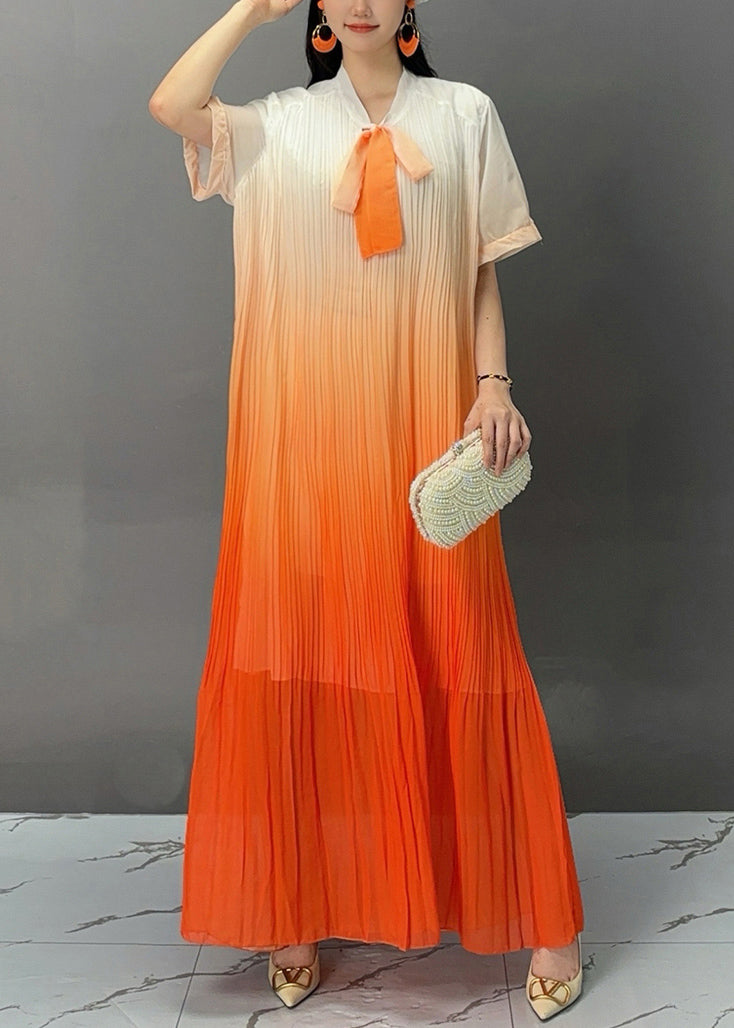 Stylish Orange Bow Wrinkled Maxi Dresses Summer AJ1021