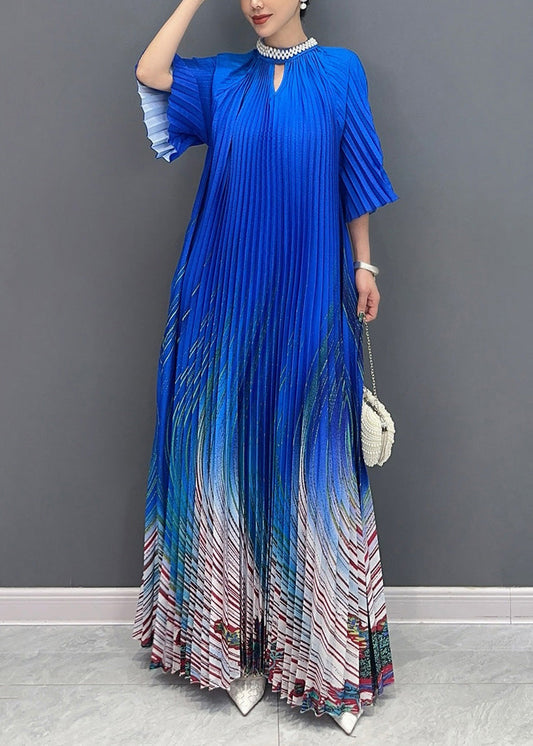 Unique Blue Stand Collar Print Wrinkled Long Dress Summer AO1002