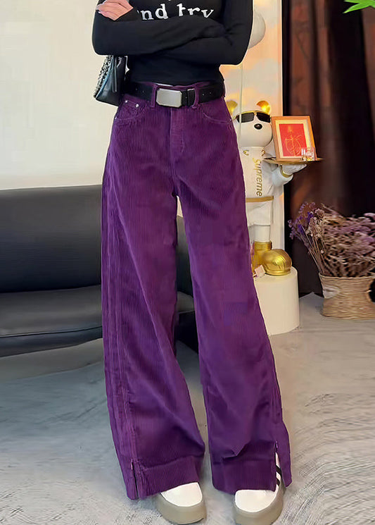 Pantalon droit violet en velours côtelé taille haute simple ouvert sur le côté 