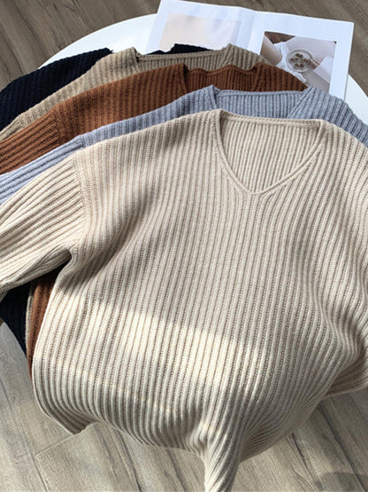 Vintage Karamell V-Ausschnitt Langarm Gestreifter Strickpullover QX001 