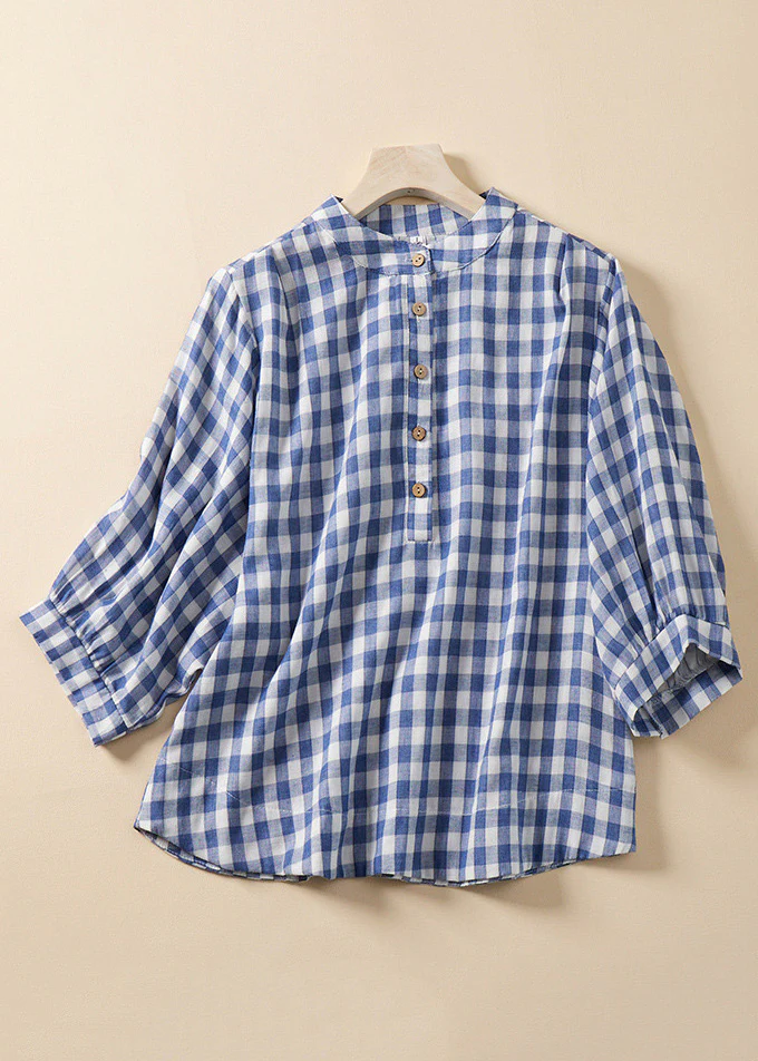 Grace Blue Plaid Stand Collar Cotton Blouses Bracelet Sleeve QR023