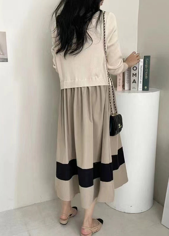 Große Fake Knit Patchwork Zwei Extra Stück Saum Kleider Schwarz Tailliert 