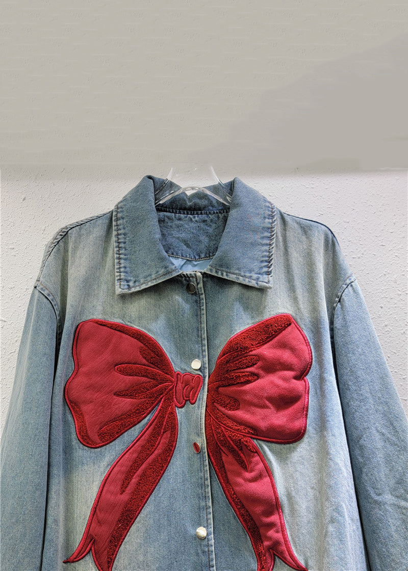 Manteau de printemps en denim Peter Pan, nouveau col boutonné, nœud bleu 