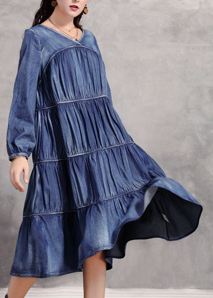 Robe longue décontractée en denim bleu à col en V froissé et à manches longues NN018 