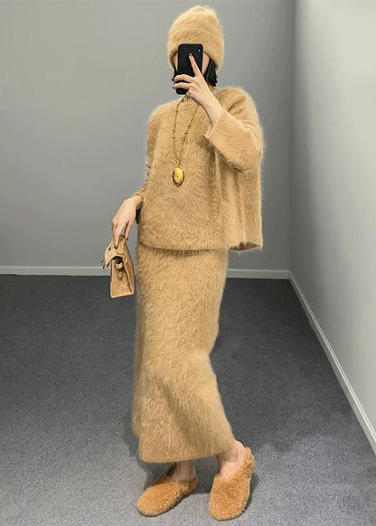 Mode Khaki O Hals Woll Zweiteiler Outfits Winter RY003 