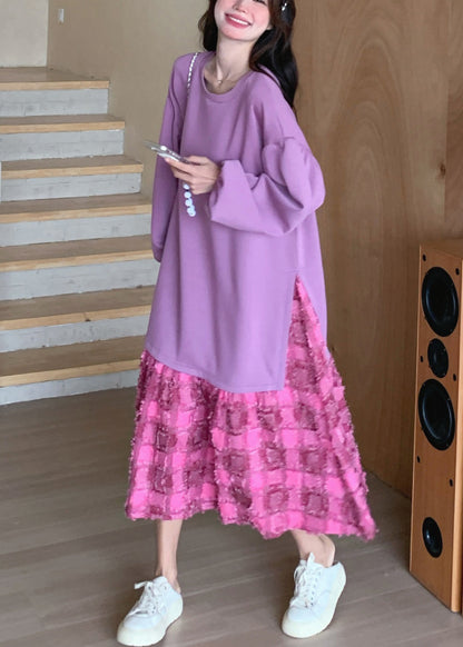 Lila Kleid Frühling Plaid O-Ausschnitt Lose Maxi 