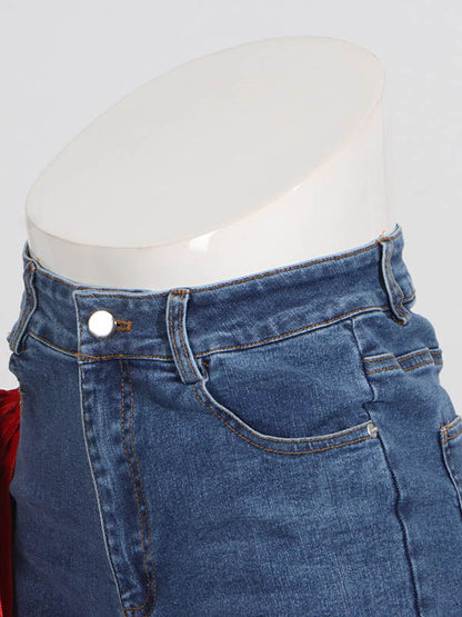 Jean droit rouge chic noué taille haute boutonné 