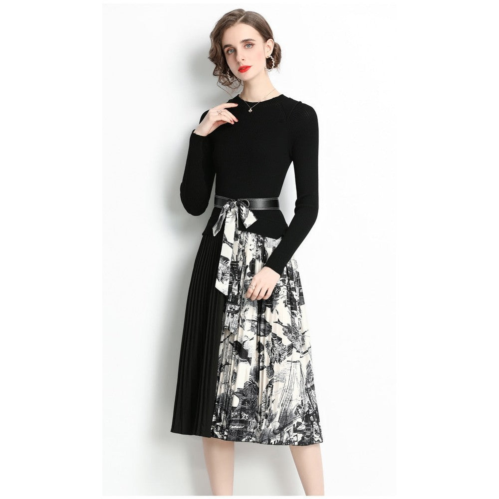 Women Black O-neck Belt Patchwork Floral Print Pleated Hem Long Sleeve Knit Dress AR1001