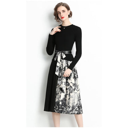 Robe en tricot à manches longues et ourlet plissé avec ceinture et col rond pour femme, imprimé floral, noir, AR1001 