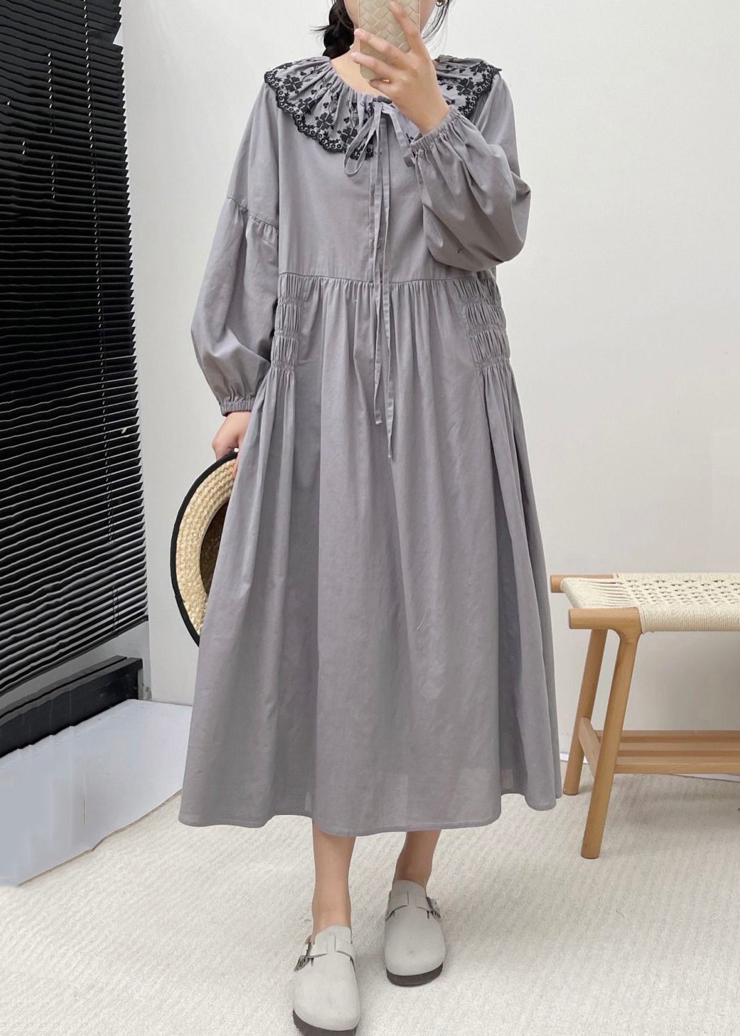 Grey Button Wrinkled Cotton Dresses Embroidered Long Sleeve NN004