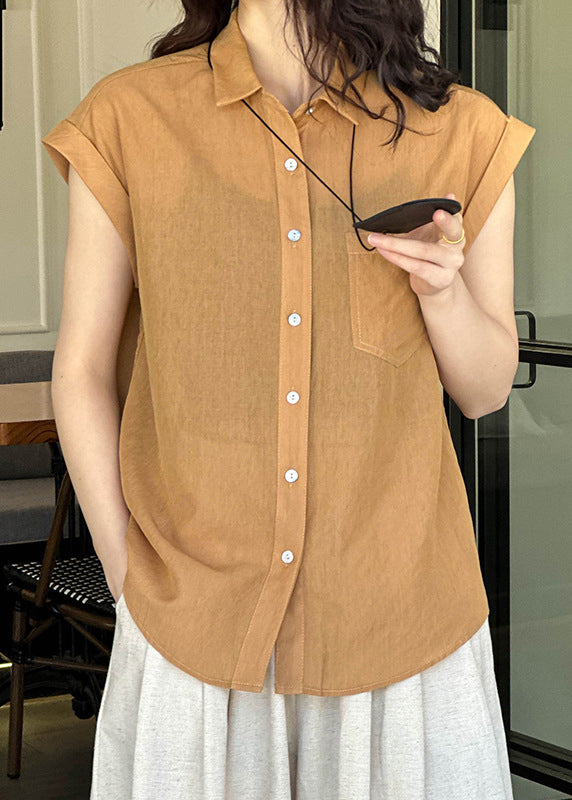 Elegant Orange Peter Pan Collar Button Silk Cotton Shirt Summer AF1024