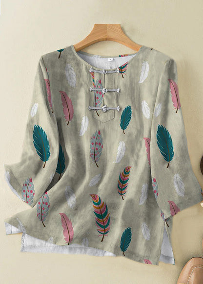 Chemise en lin style abricot à col rond et imprimé oriental, boutonnée sur le côté, manches bracelet, TP049