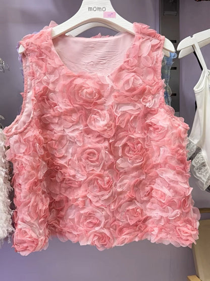 Robe fantaisie rose à col rond et dégradé floral sans manches AZ1008 