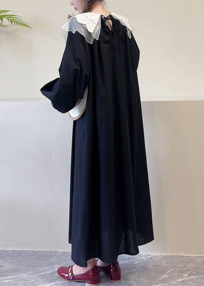 Robe en coton noire à poches et col Peter Pan et manches longues NN043 