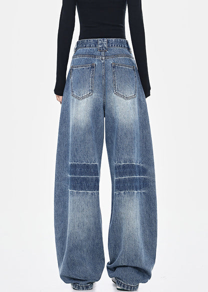 Pantalon mode poches hautes printemps bleu patchwork taille denim 