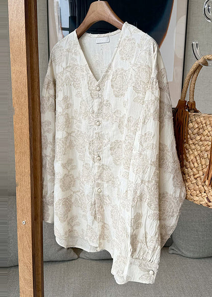 Hals Baumwolle Frühling Aprikose Knopf Jacquard V Casual Shirts 