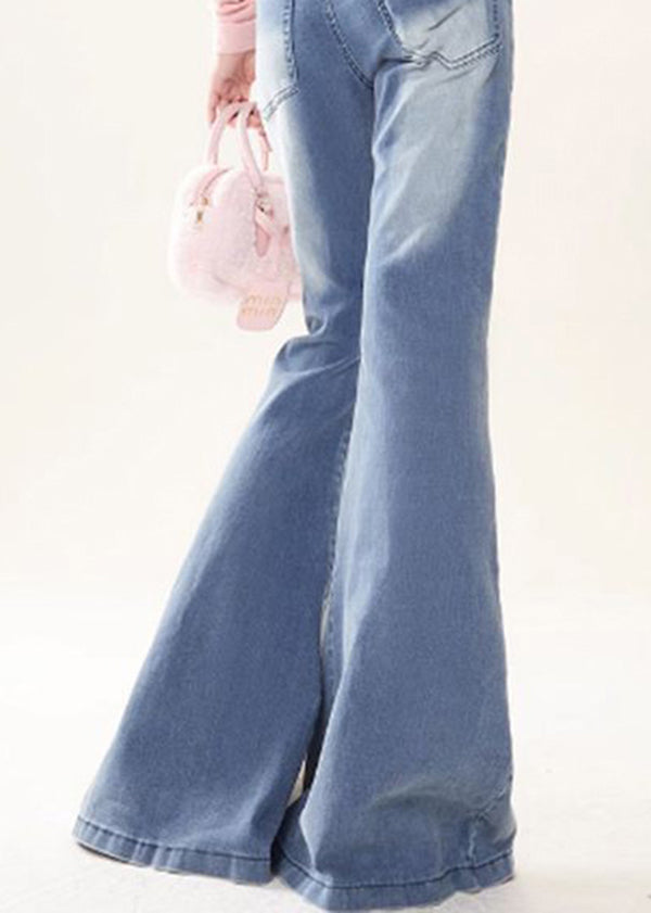 Butterfly Embroidered Style Bottoms Blue Flare Denim Patchwork