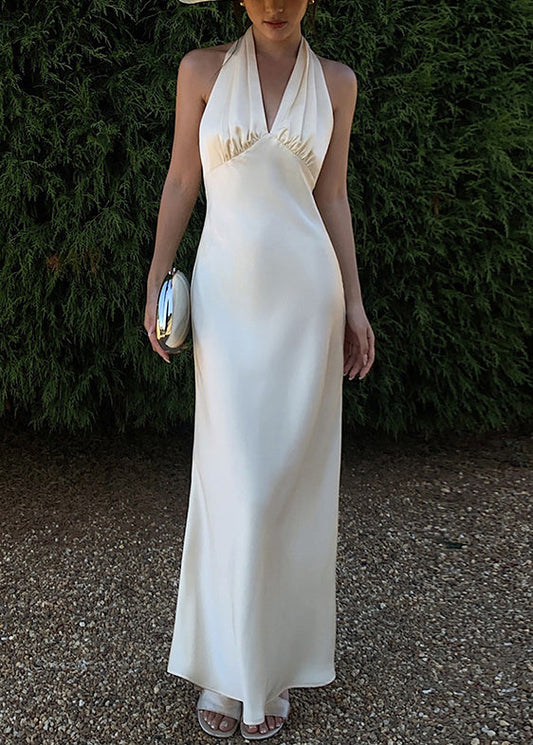 Robes en soie unie col en V sans manches longues dos nu beige 