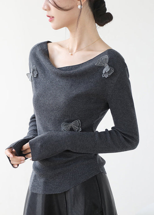Haut en tricot papillon gris à col bateau, design original, hiver RV029 