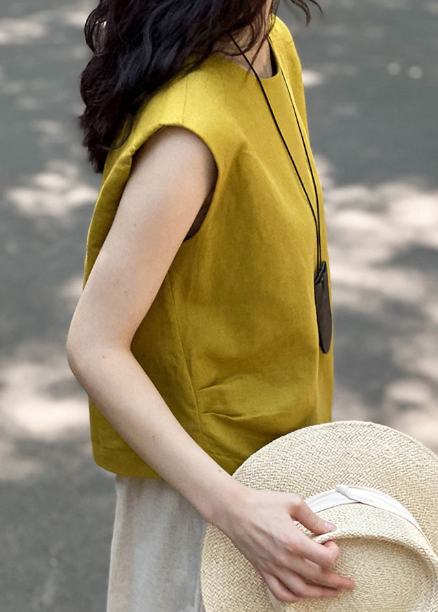 Simple Yellow O Neck Solid Linen Top Sleeveless AF1016