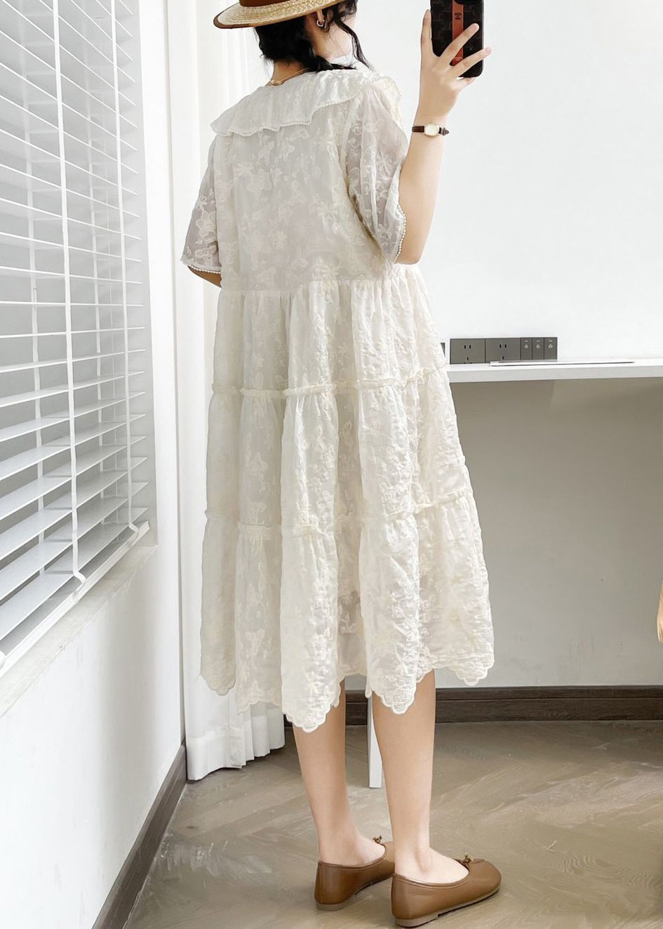 Elegant White V Neck Button Ruffled Cotton Dress Summer NN040