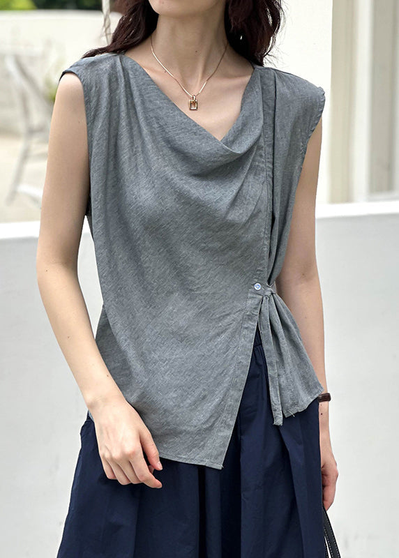 New Grey Asymmetrical Button Cotton Top Summer AF1039