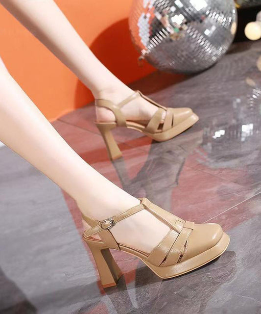 Chunky Hollow Sandals Buckle Strap Heel Apricot Out Splicing