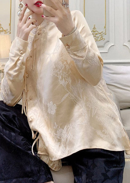 Apricot Button Silk Blouse Stand Collar Long Sleeve Ada Fashion