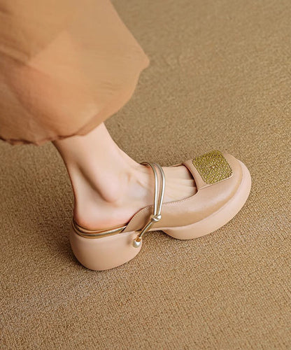 Faux Sandals Splicing Heel Leather Chunky Apricot Slide New