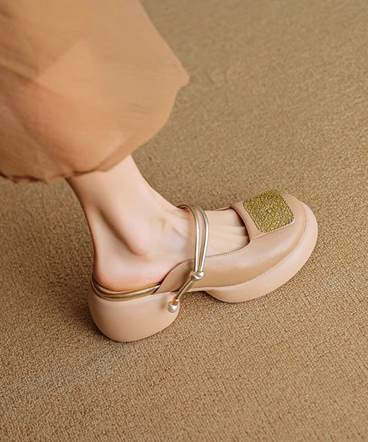 Faux Sandals Splicing Heel Leather Chunky Apricot Slide New
