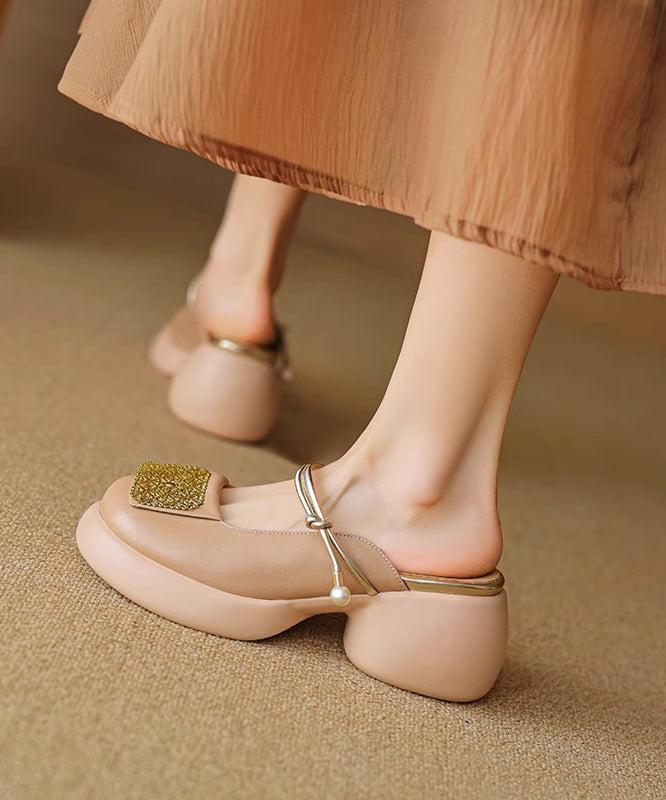 Faux Sandals Splicing Heel Leather Chunky Apricot Slide New