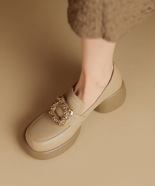 Apricot Chunky Sheepskin Soft Splicing Zircon Loafers For Women WT037