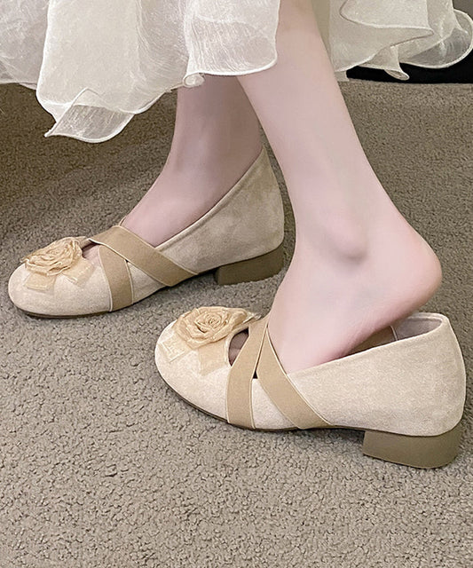 Shoes Suede Cross Strap Flat Apricot Floral Splicing Feet