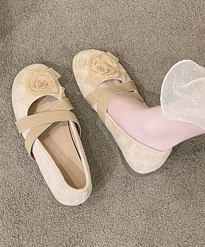 Shoes Suede Cross Strap Flat Apricot Floral Splicing Feet