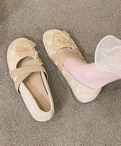 Shoes Suede Cross Strap Flat Apricot Floral Splicing Feet