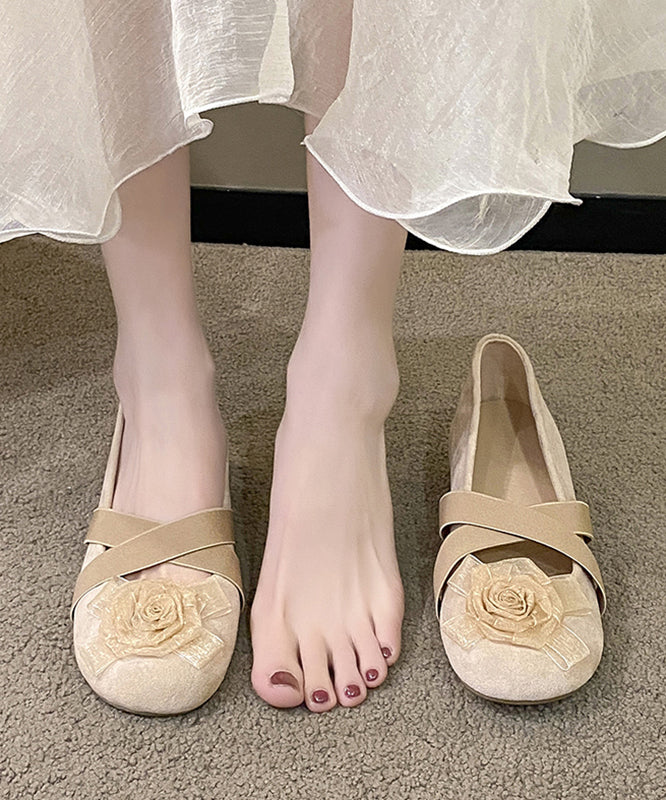Shoes Suede Cross Strap Flat Apricot Floral Splicing Feet