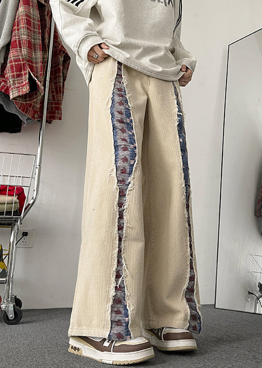 Pantalon en velours côtelé élastique à jambes larges et poches pour homme, couleur abricot, patchwork