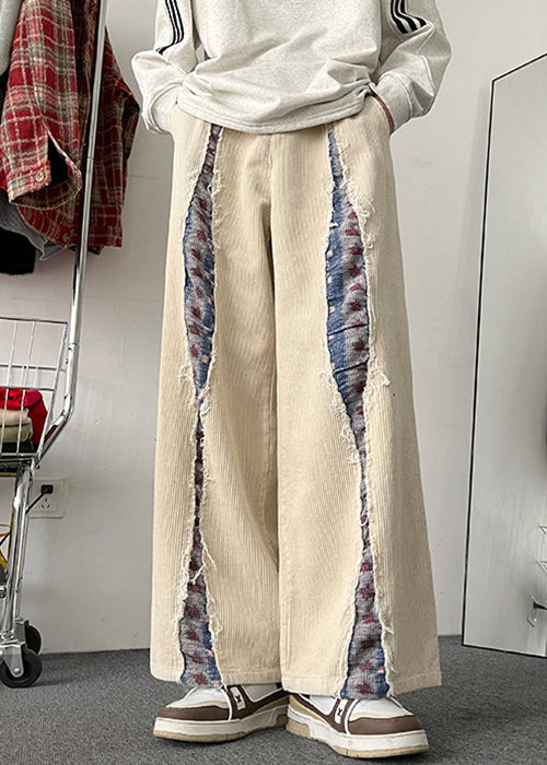 Pantalon en velours côtelé élastique à jambes larges et poches pour homme, couleur abricot, patchwork