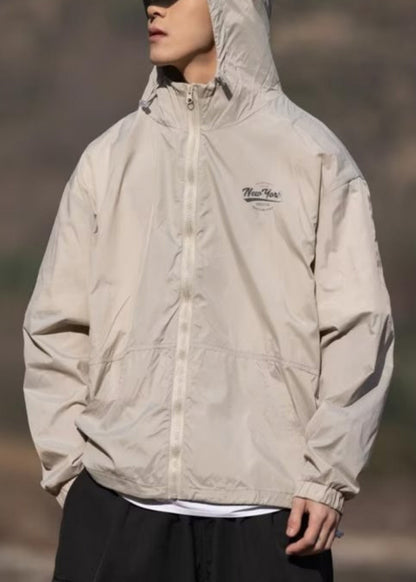 Manteau d'été à capuche pour homme, poches imprimées, abricot, soie fine