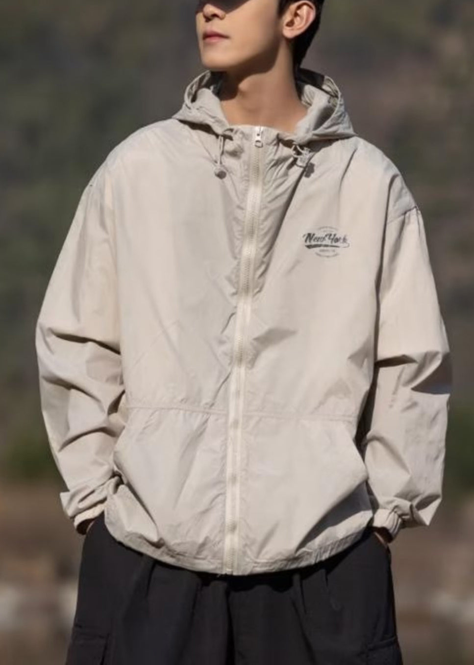 Manteau d'été à capuche pour homme, poches imprimées, abricot, soie fine