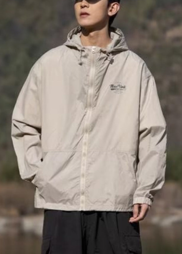 Manteau d'été à capuche pour homme, poches imprimées, abricot, soie fine