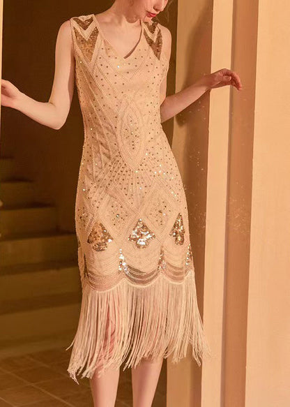 Ärmelloses Kleid mit Pailletten und Quasten in Apricot