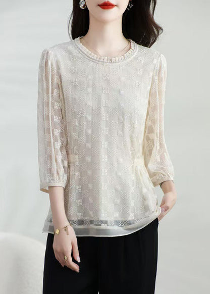 Silk Bracelet Classy Embroidered Neck Apricot Shirt O Top T
