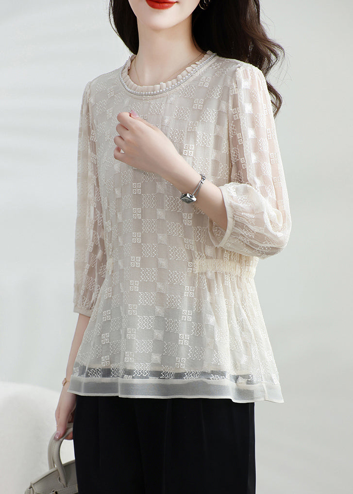 Silk Bracelet Classy Embroidered Neck Apricot Shirt O Top T