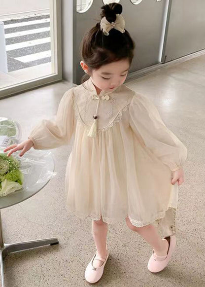 Robe en tulle à pompons et fermeture éclair pour fille, abricot, col montant, automne XZ058