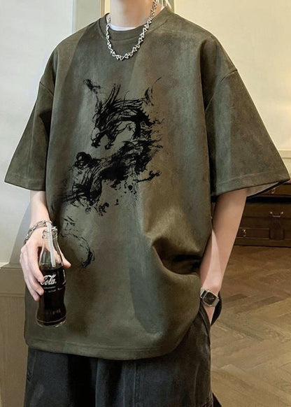 Hemden Faux Übergroße Wildleder Hals T Print O Sommer Grün Armee