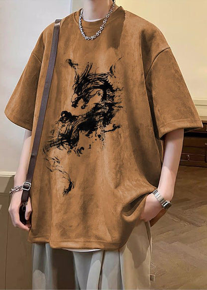 Hemden Faux Übergroße Wildleder Hals T Print O Sommer Grün Armee