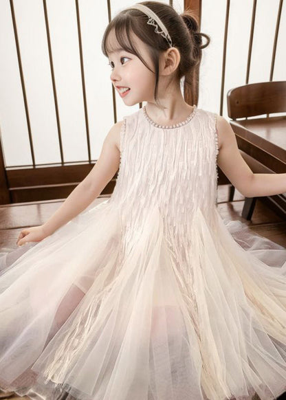 Robe longue en tulle patchwork à col rond et manches courtes pour fille Art Apricot XZ030