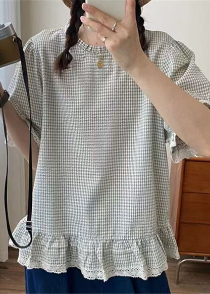 Art Shirt Sommer Baumwolle Karo Rüschen Apricot