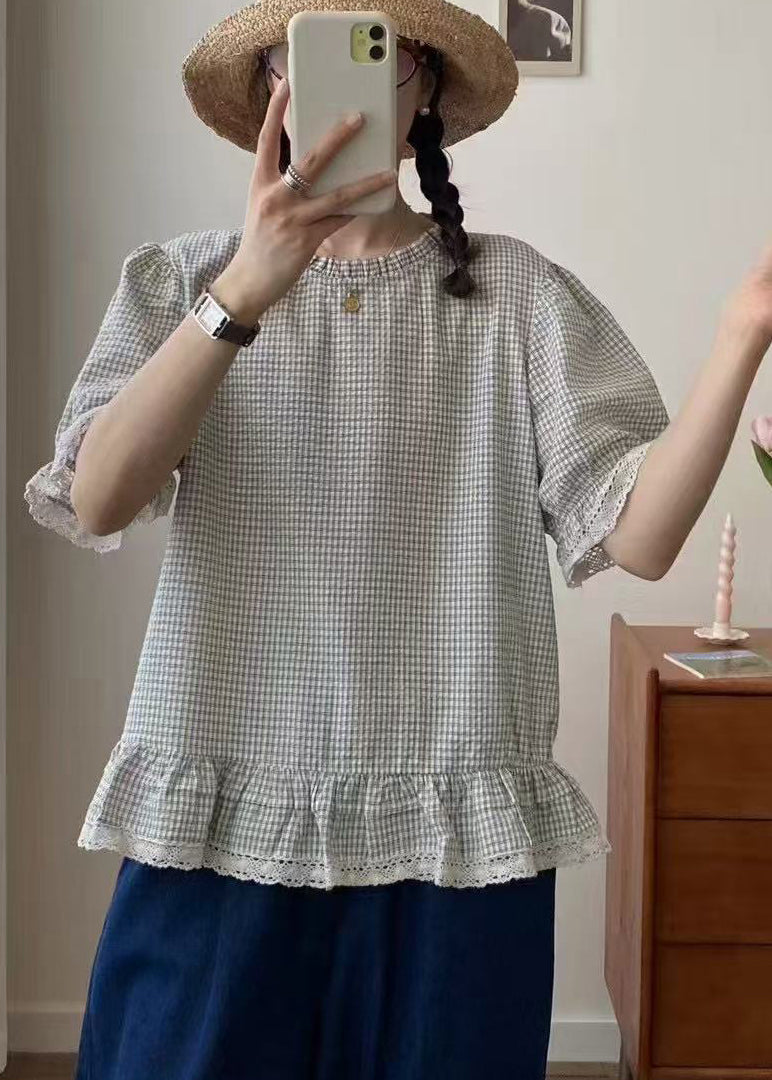 Art Shirt Sommer Baumwolle Karo Rüschen Apricot